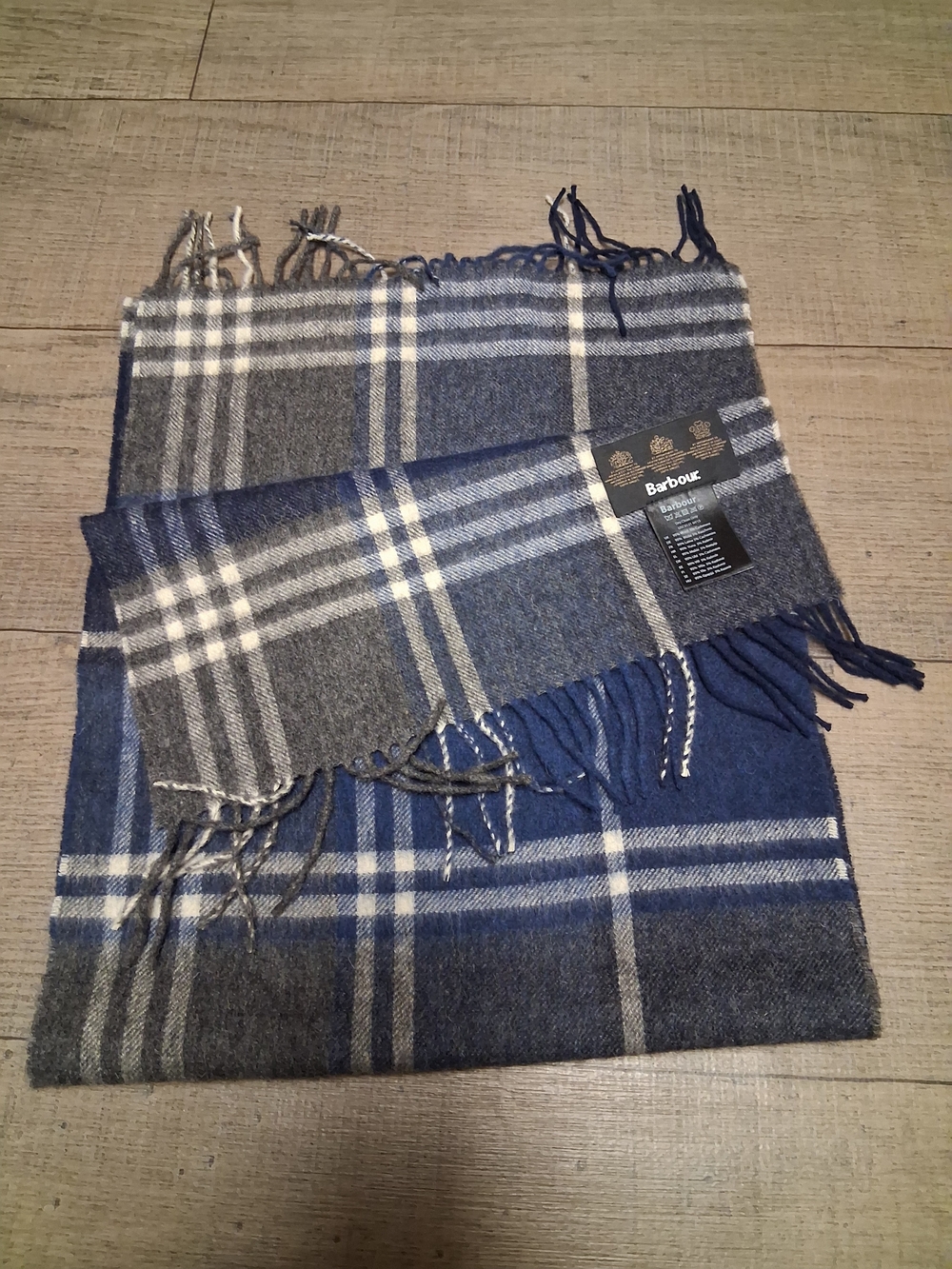 Quiet Money Barbour Blue & Gray Plaid Fringed Wool & Cashmere Blend Scarf NWT